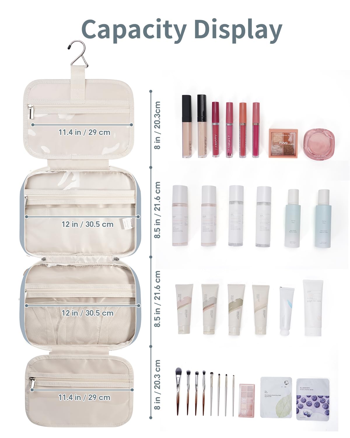 Narwey Travel Toiletry Bag for Women - Large Hanging Organizer, Greyish Blue