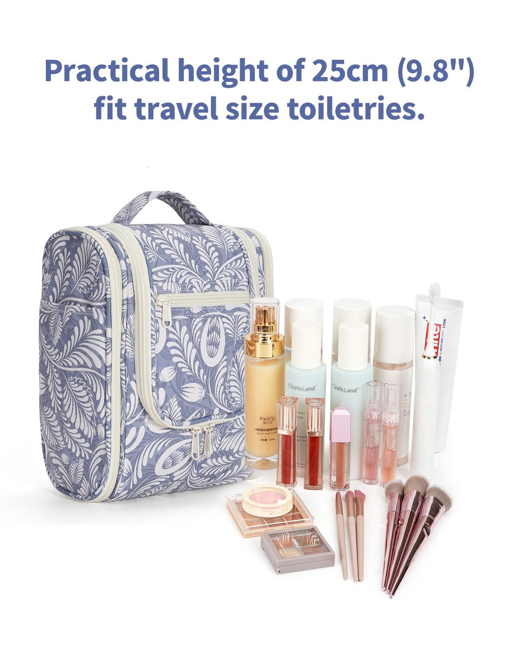 Narwey Small Hanging Toiletry Bag – Medium, Blue Leaf | Travel Makeup Organizer