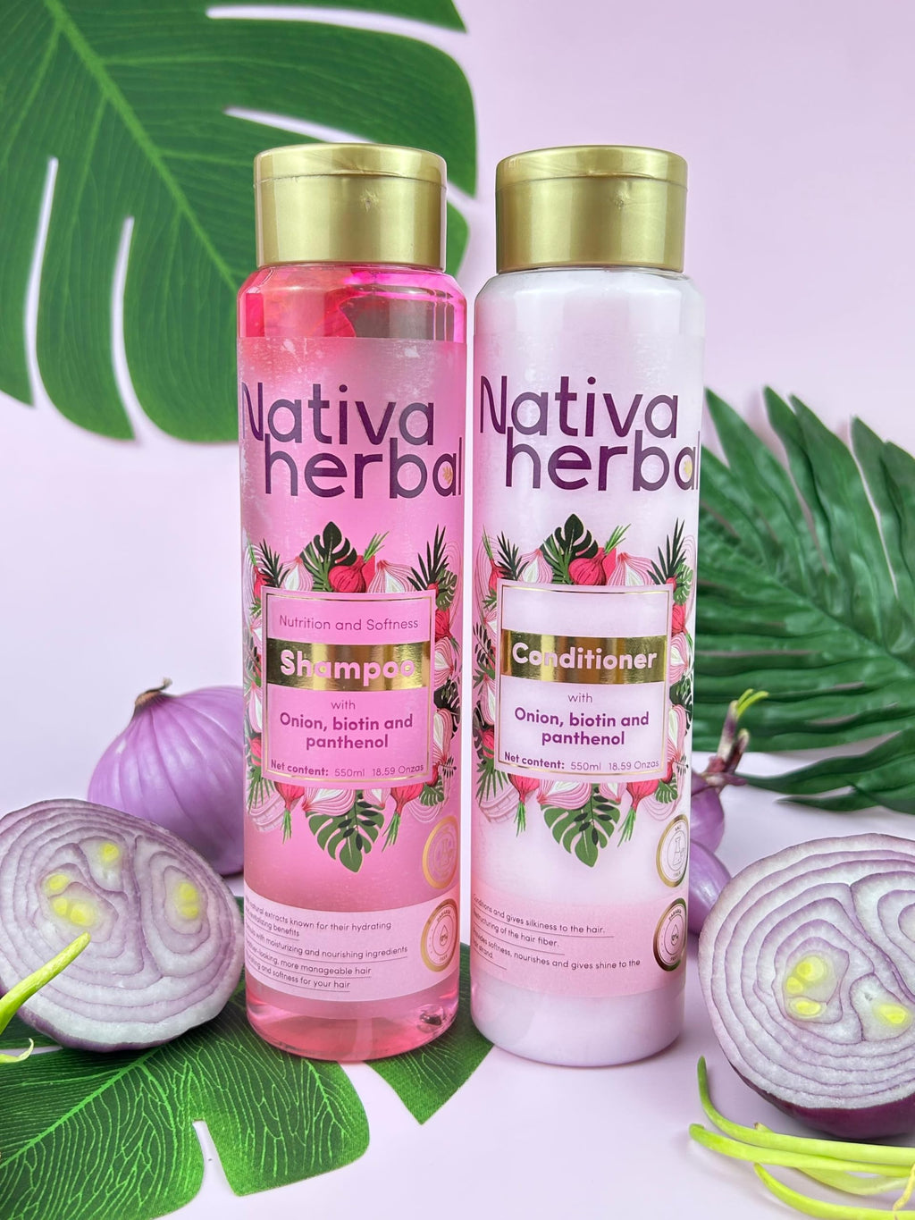 Nativa Herbal Onion Shampoo & Conditioner Set – Biotin & Panthenol, Anti-Frizz, 18.5 fl oz Each