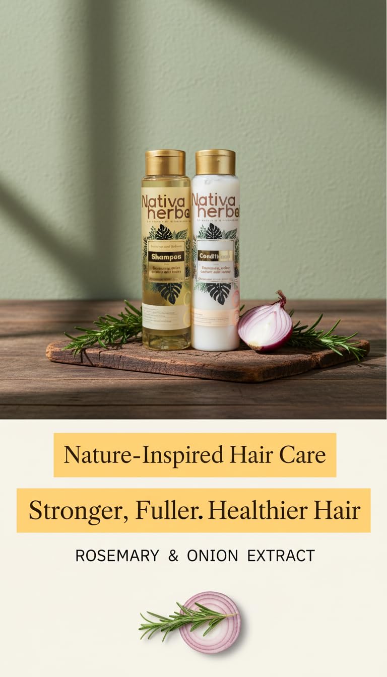 Nativa Herbal Rosemary & Onion Shampoo & Conditioner Set – Strengthens Roots, Shine, 18.5 oz Each (Paraben Free)