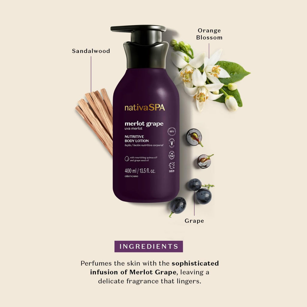 NATIVA SPA by O Boticário Merlot Grape Body Lotion – Deep Hydration with Quinoa & Grape Seed Oil, 400ml