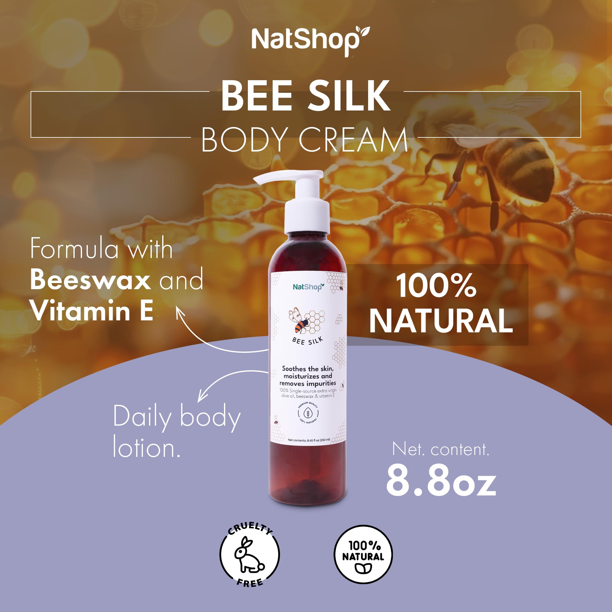 NatShop Bee Silk Body Lotion with Olive Oil, Beeswax & Vitamin E | 8.8oz Pump
