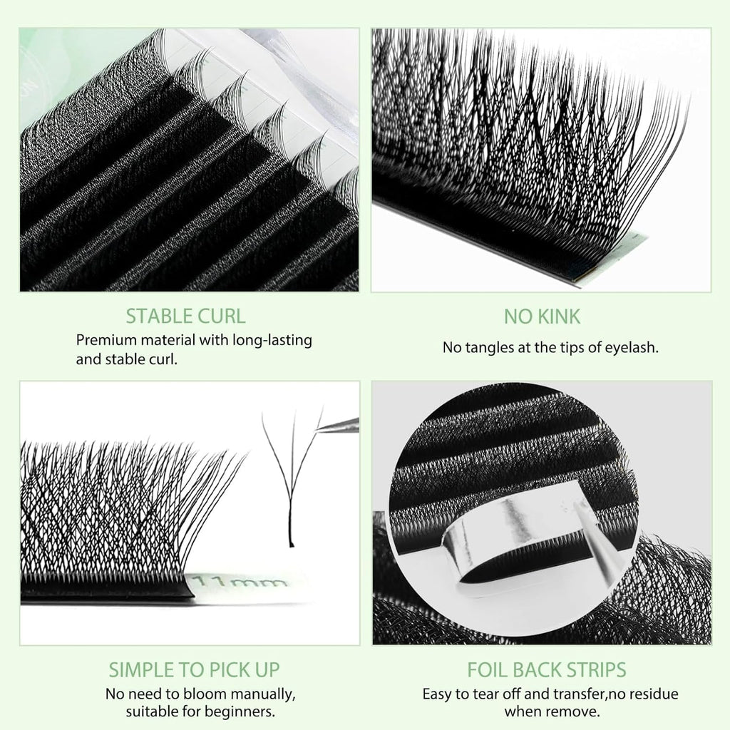 NATUHANA Eyelash Extensions 0.07 L Curl 8-12mm W Shaped Clover | Easy Fan Premade Lashes for Lash Techs
