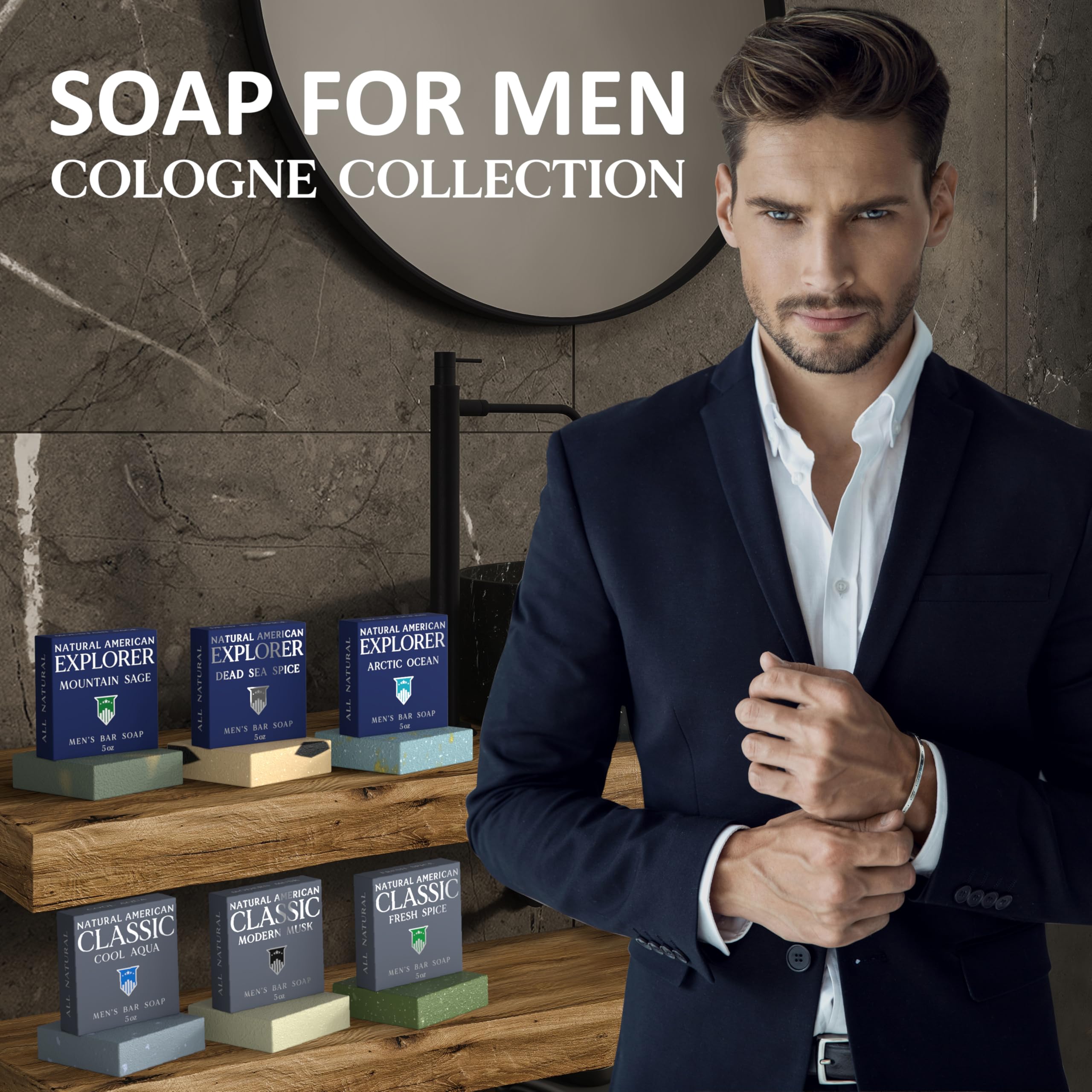 Natural American Men’s Bar Soap – 6 Bar Set, USA Handmade, All Natural, Cologne Scent, 5 oz