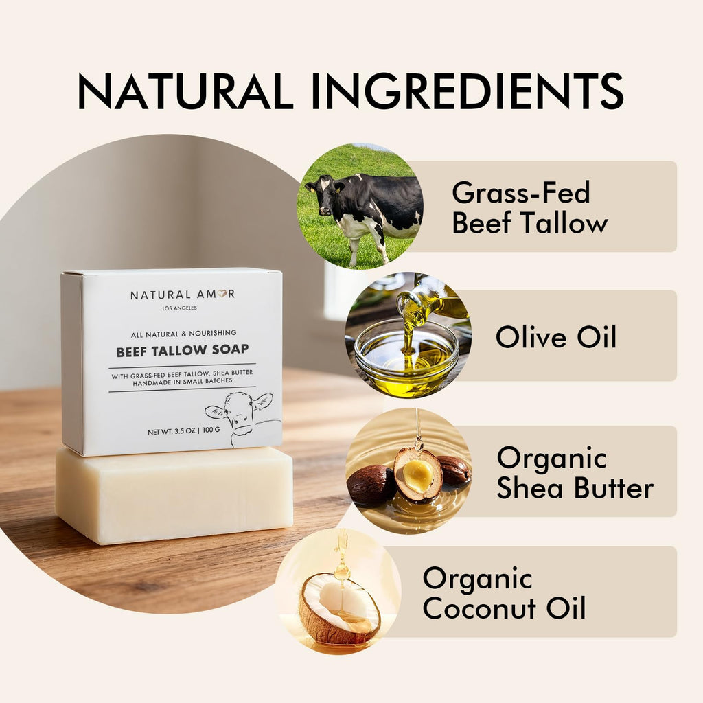 Natural Amor Beef Tallow Soap Bar 3-Pack – Fragrance-Free, Handmade with Grass-Fed Tallow | NATURAL AMOR LOS ANGELES