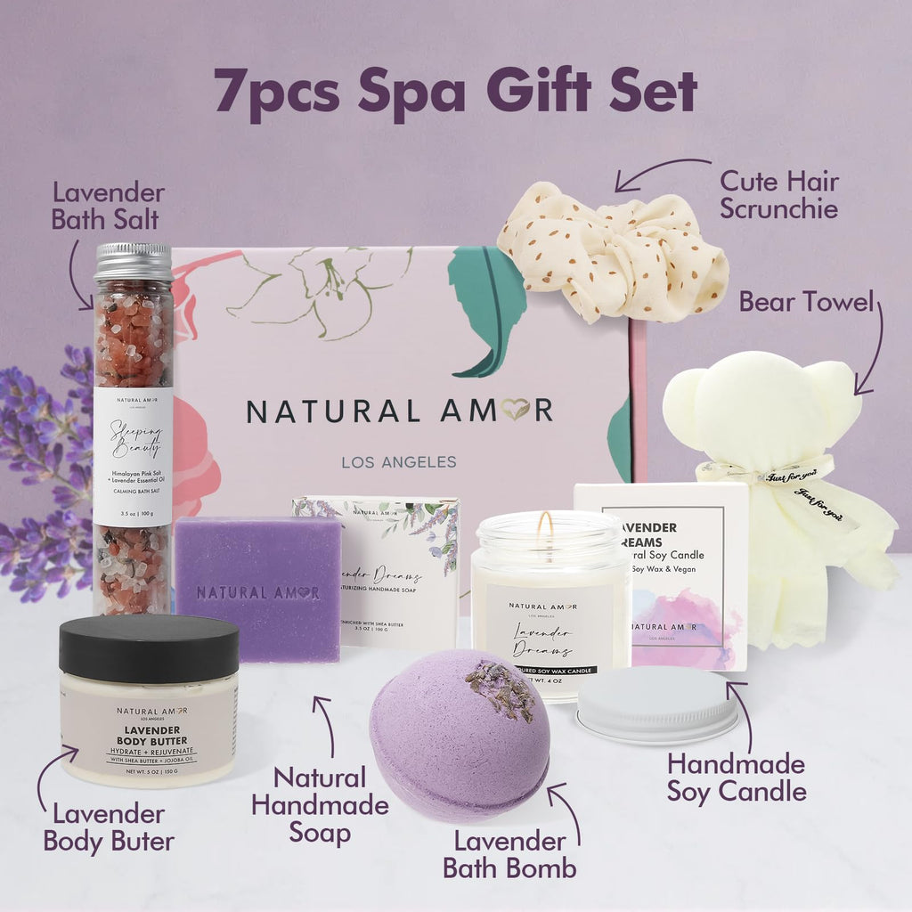 Natural Amor Los Angeles Lavender Spa Gifts for Women – 7pc Self-Care Box