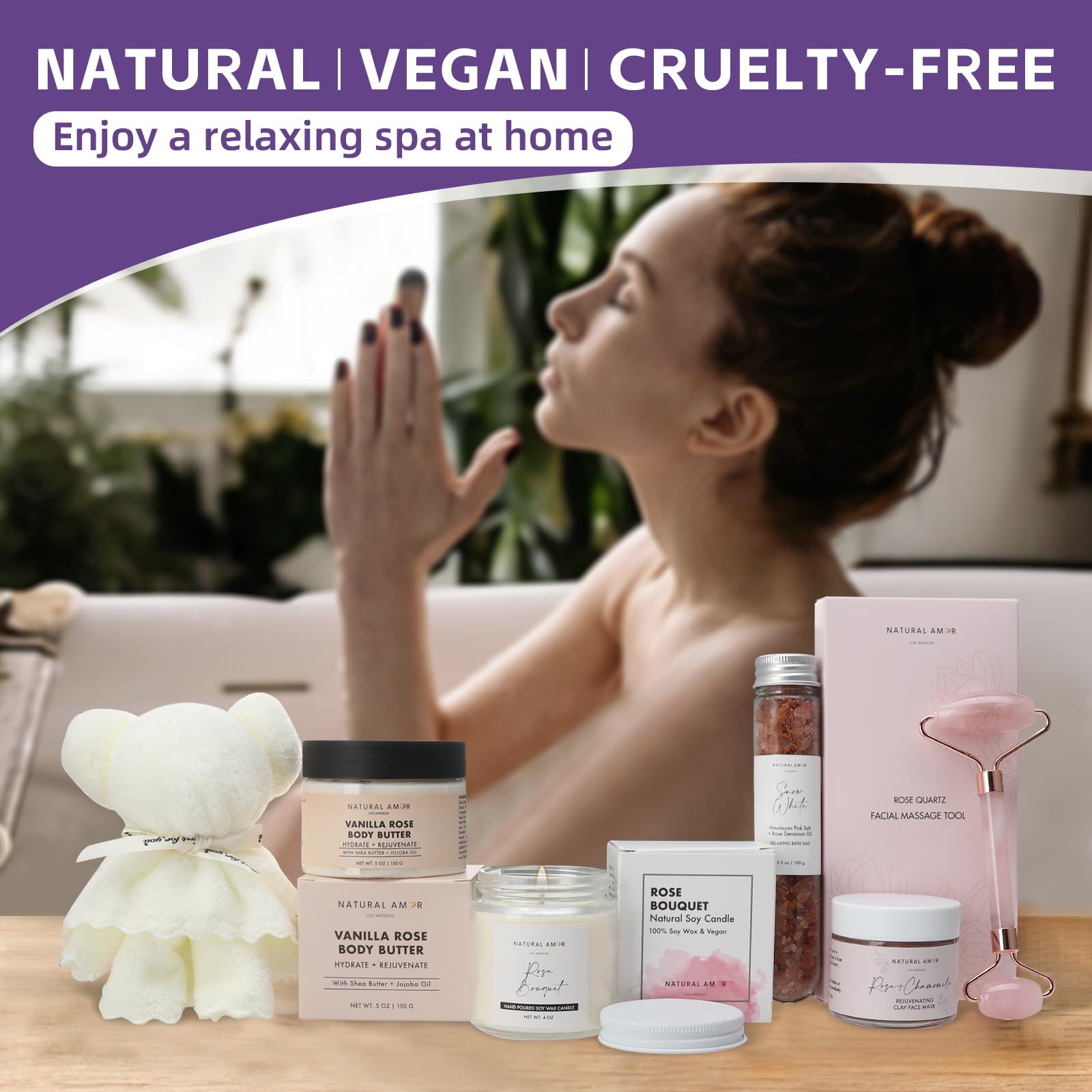 Natural Amor Rose Spa Gift Set – 6-Piece Handmade Self-Care Kit | Body Butter, Bath Salt, Mask, Candle, Jade Roller & Bear Towel