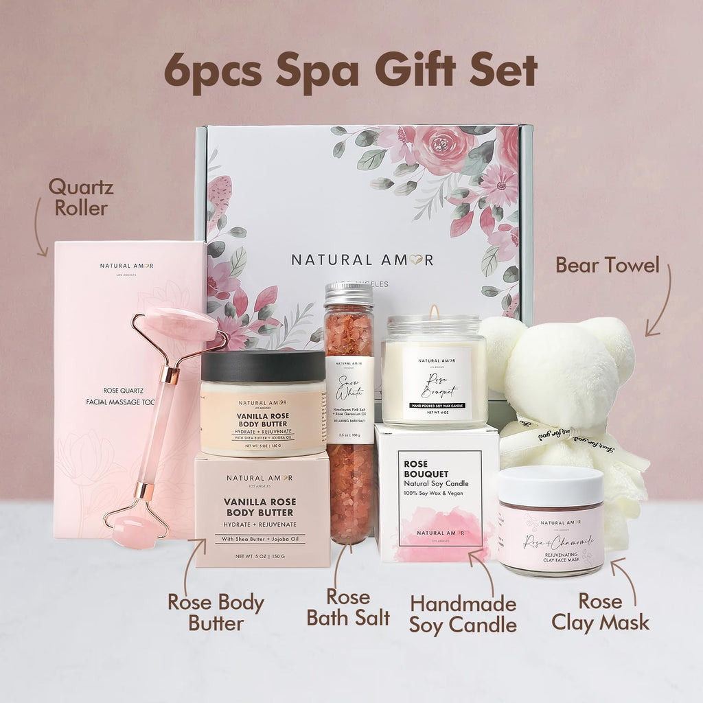 Natural Amor Rose Spa Gift Set – 6-Piece Handmade Self-Care Kit | Body Butter, Bath Salt, Mask, Candle, Jade Roller & Bear Towel