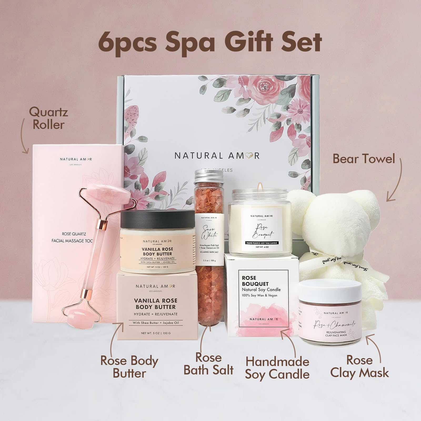 Natural Amor Rose Spa Gift Set – 6-Piece Handmade Self-Care Kit | Body Butter, Bath Salt, Mask, Candle, Jade Roller & Bear Towel