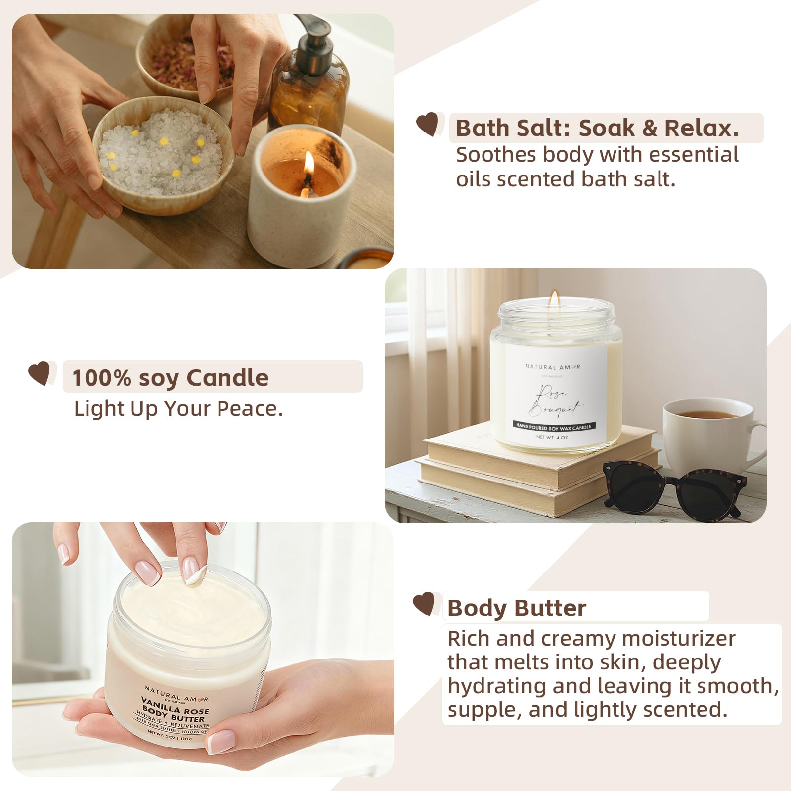 Natural Amor Rose Spa Gift Set – 6-Piece Handmade Self-Care Kit | Body Butter, Bath Salt, Mask, Candle, Jade Roller & Bear Towel
