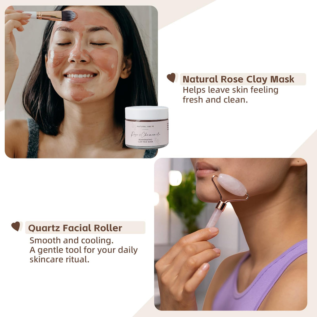 Natural Amor Rose Spa Gift Set – 6-Piece Handmade Self-Care Kit | Body Butter, Bath Salt, Mask, Candle, Jade Roller & Bear Towel