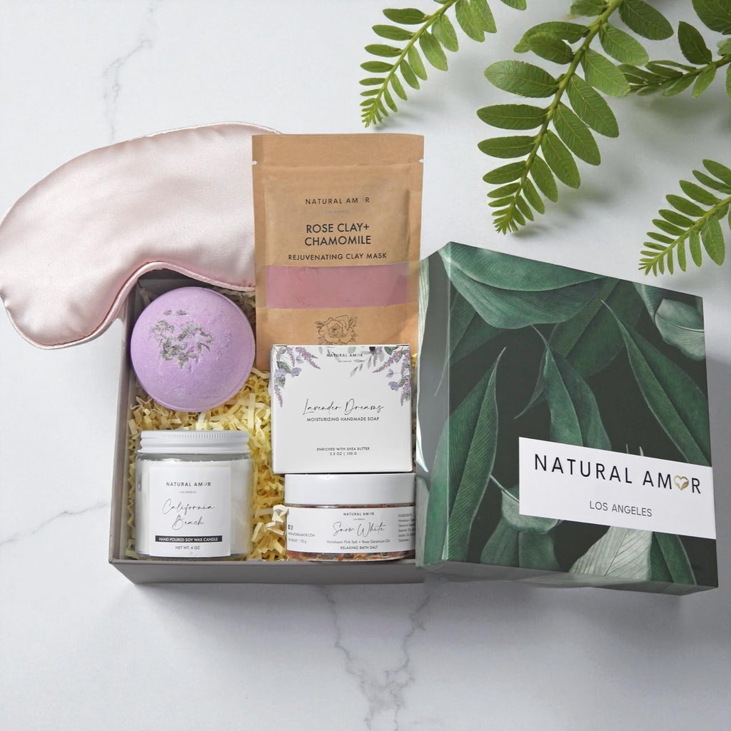 Natural Amor Spa Gift Set for Women – 6-Piece Self-Care Gift Box with Handmade Soap, Bath Bomb, Candle & Skincare