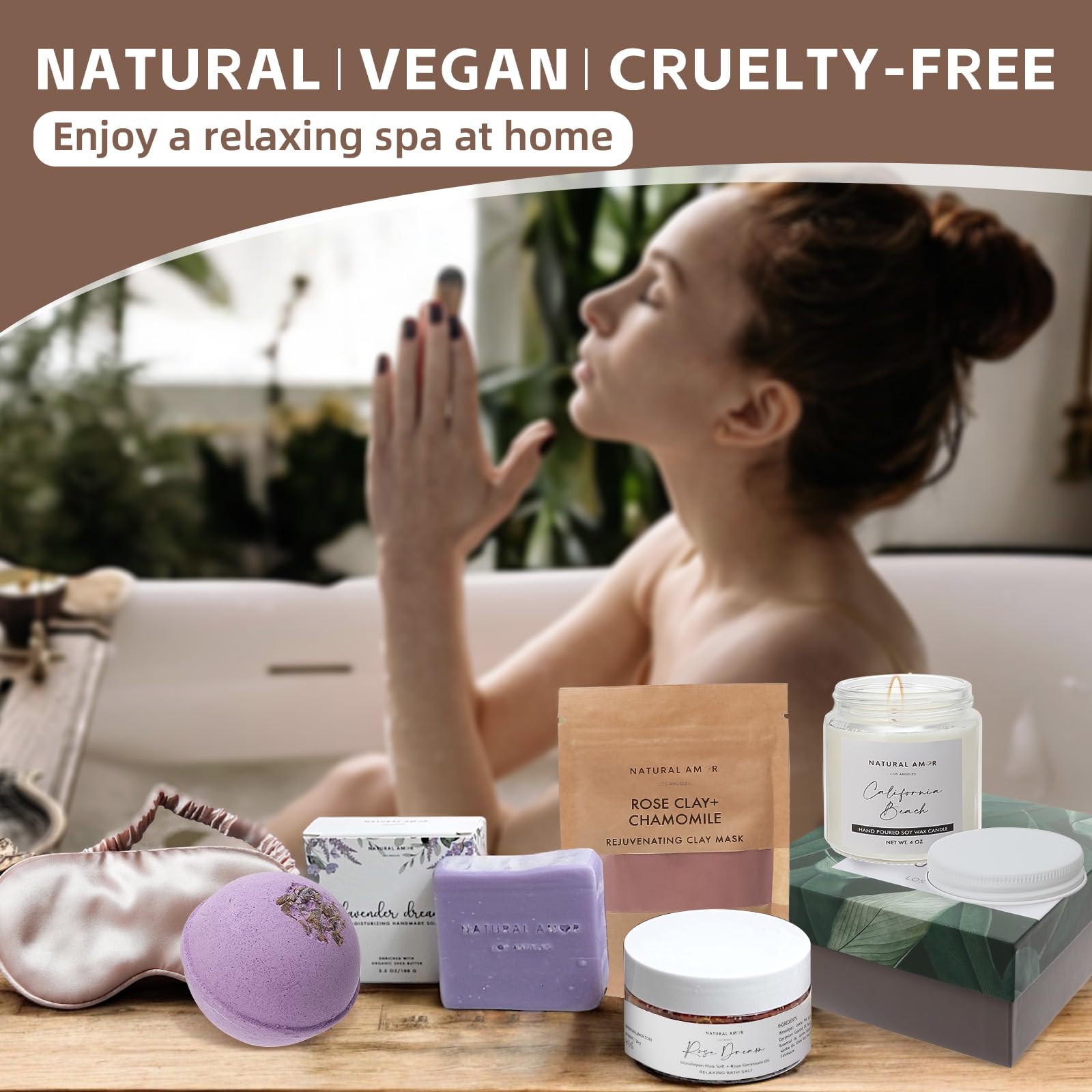 Natural Amor Spa Gift Set for Women – 6-Piece Self-Care Gift Box with Handmade Soap, Bath Bomb, Candle & Skincare