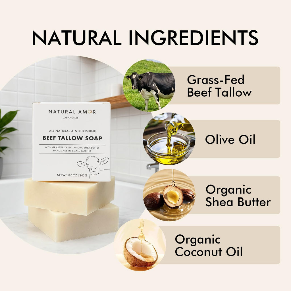 Natural Amor Los Angeles Unscented Tallow Soap Bar 2-Pack – Handmade with Grass-Fed Beef Tallow
