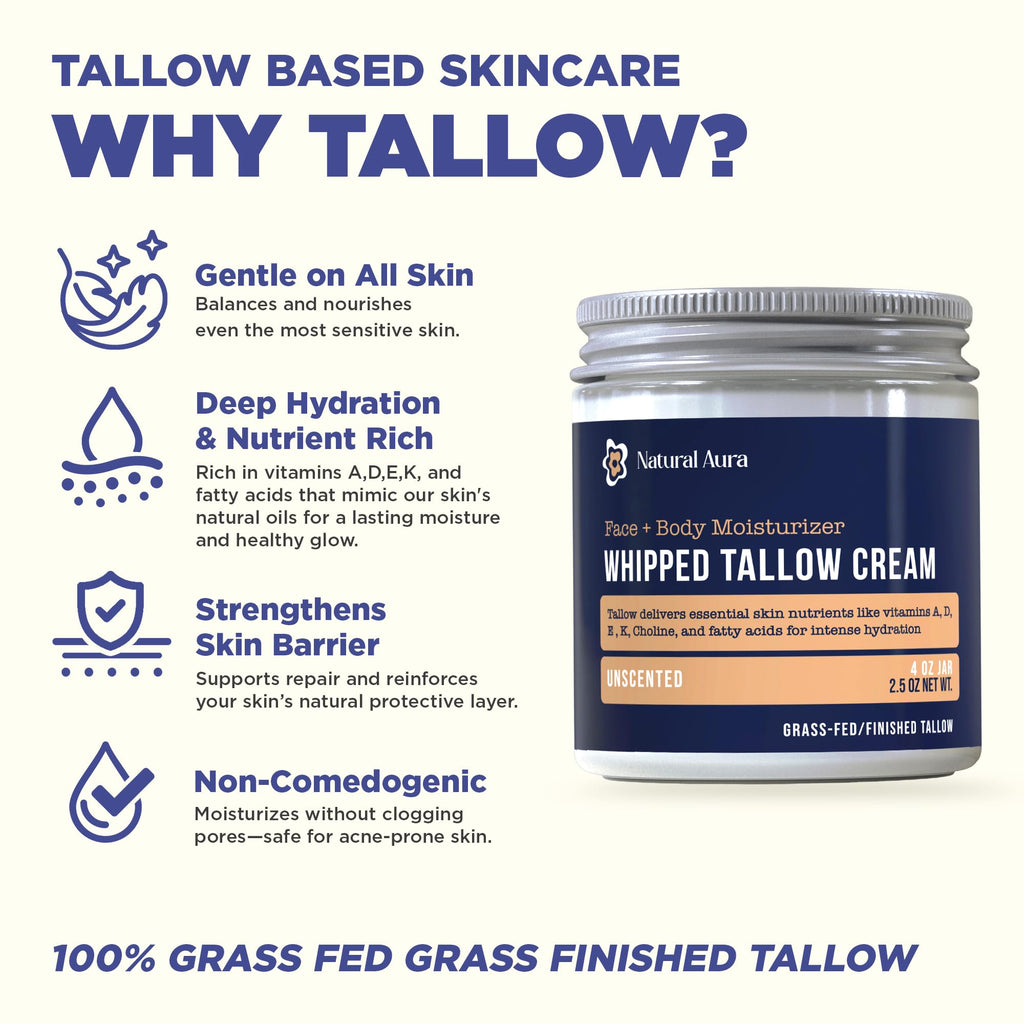 Natural Aura Whipped Beef Tallow for Skin – Unscented 4oz Face & Body Moisturizer