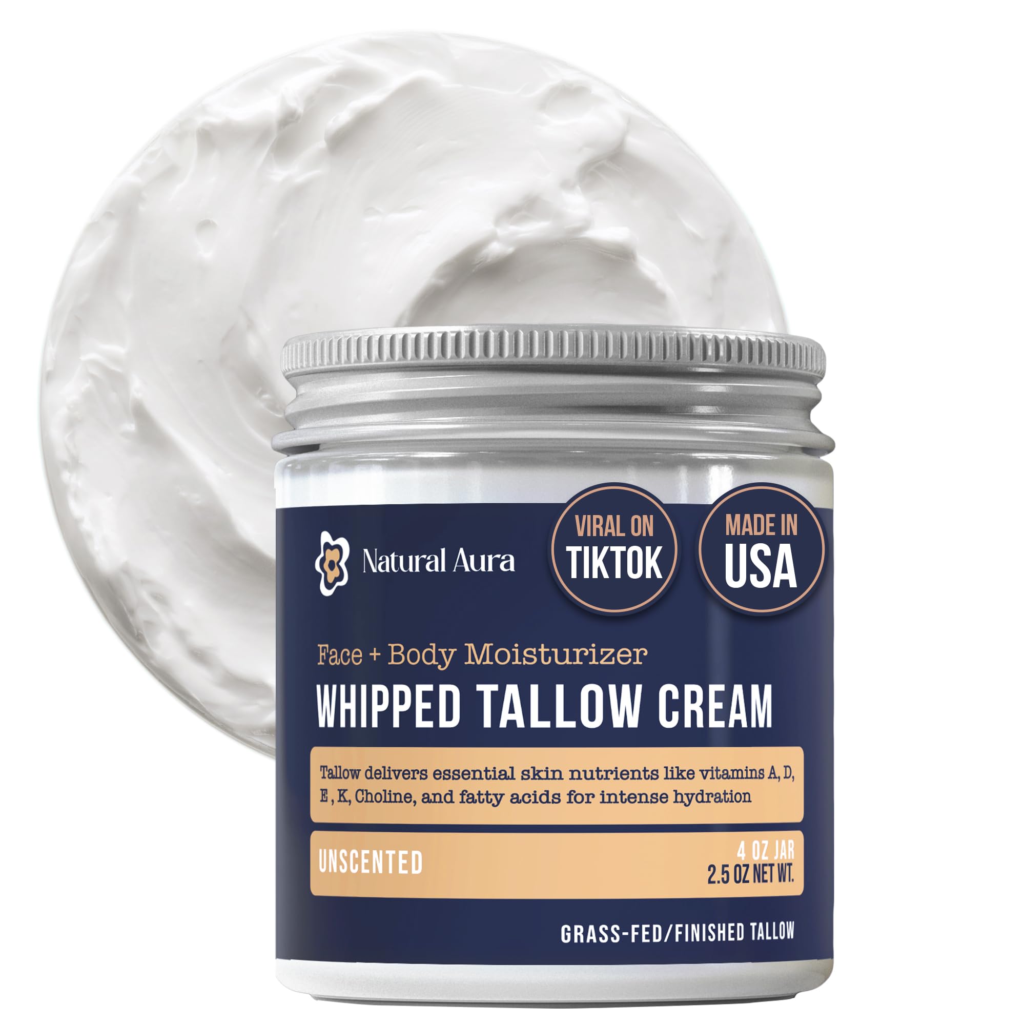 Natural Aura Whipped Beef Tallow for Skin – Unscented 4oz Face & Body Moisturizer