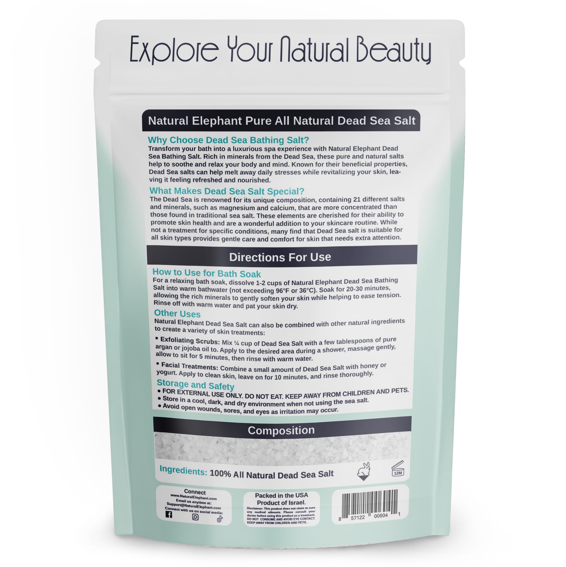 Natural Elephant Dead Sea Bath Salt – 2 lb | 100% Natural & Pure | Coarse Grain