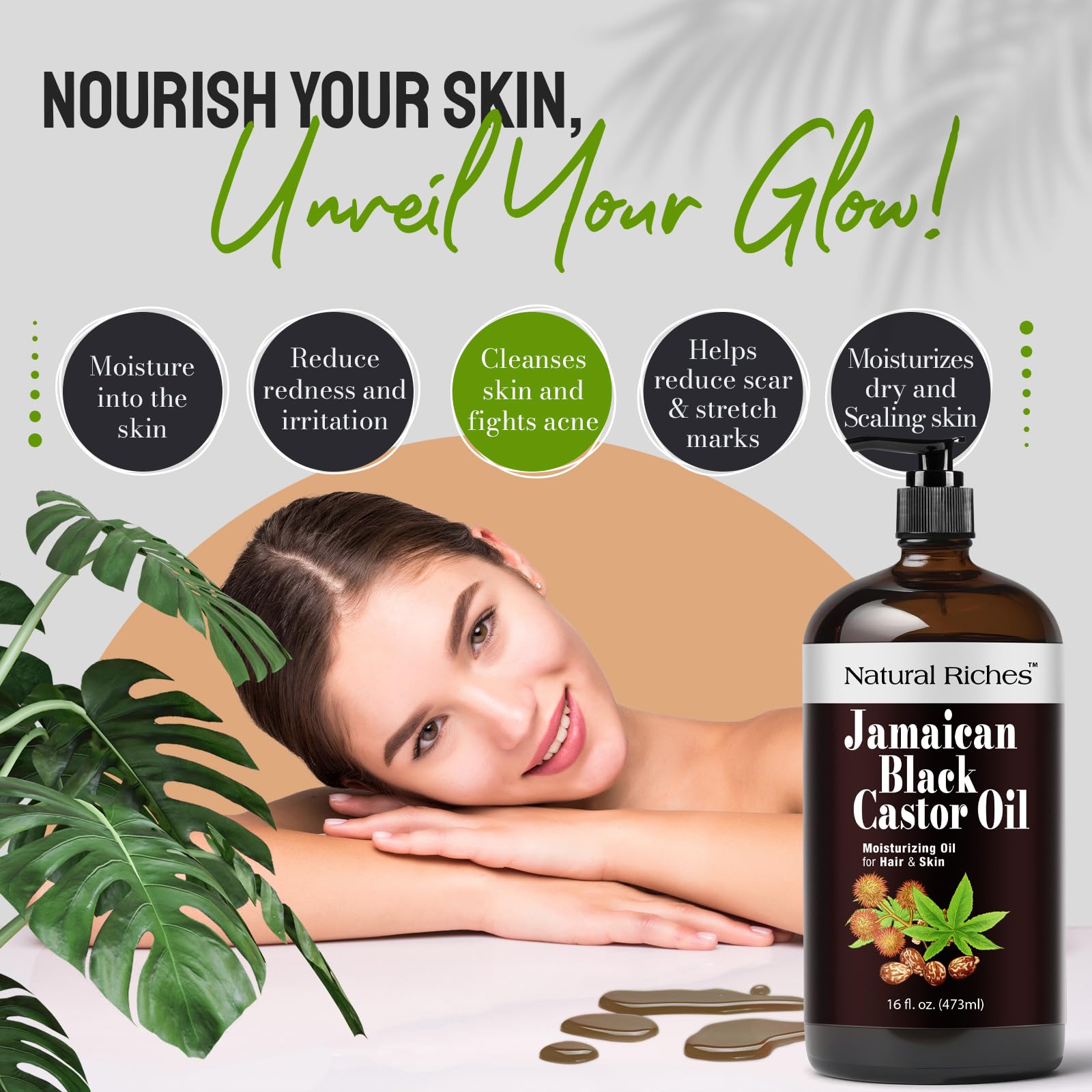 Natural Riches Jamaican Black Castor Oil – Organic Cold-Pressed, Glass Bottle, 16 oz for Hair, Skin, Lashes