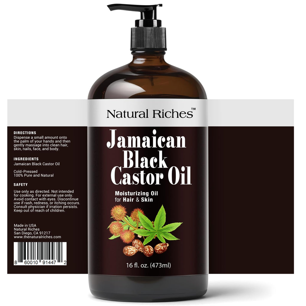 Natural Riches Jamaican Black Castor Oil – Organic Cold-Pressed, Glass Bottle, 16 oz for Hair, Skin, Lashes