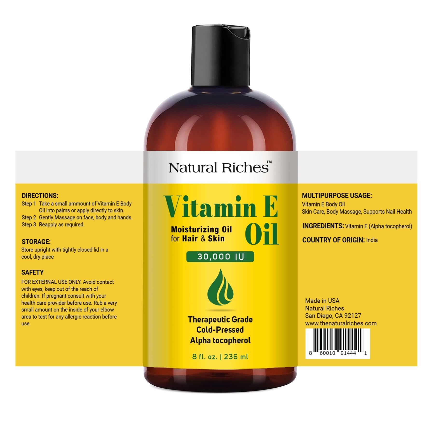 Natural Riches Vitamin E Oil - 100% Pure & Natural, Cold-Pressed 30,000 IU, 8 oz