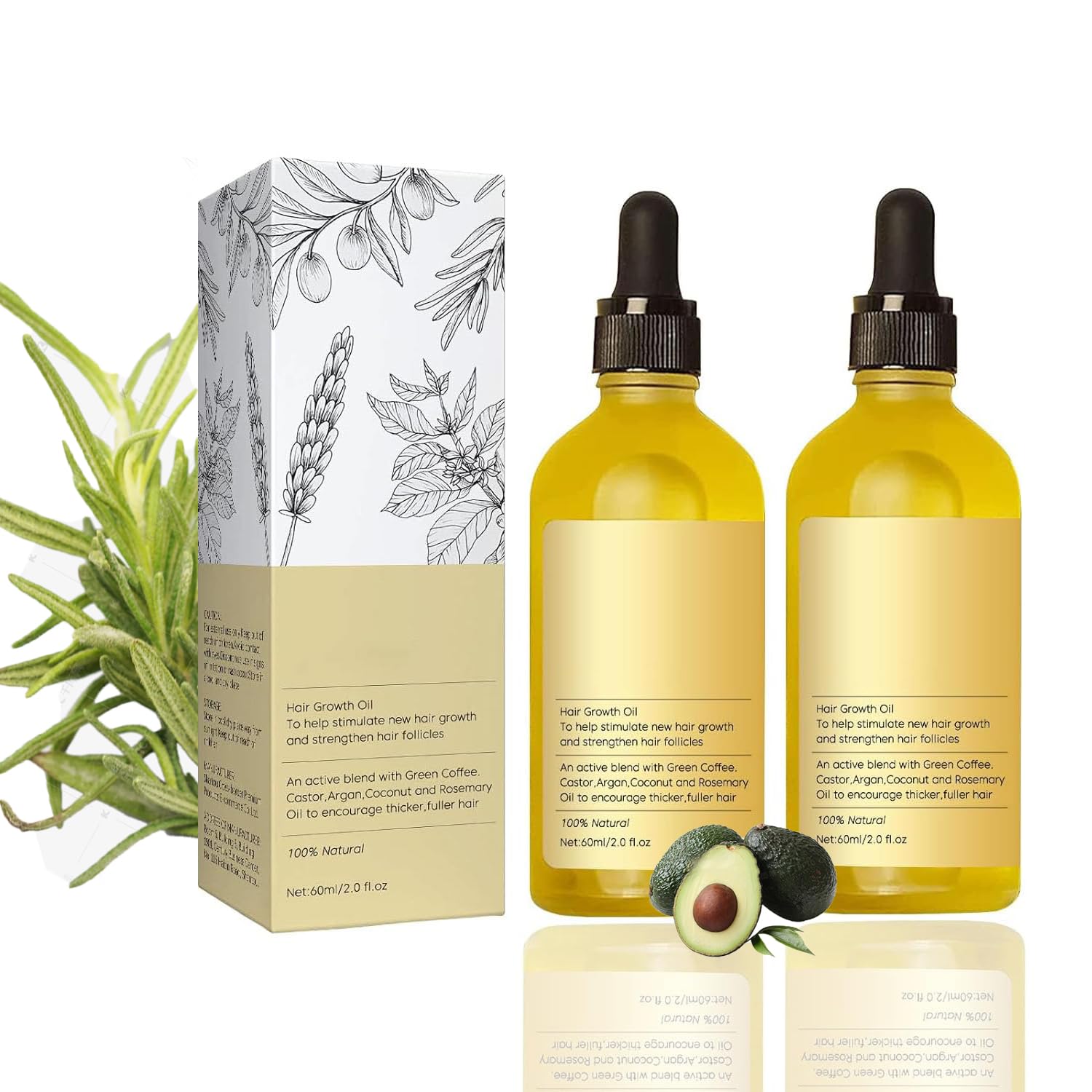 Natural Rosemary Hair Growth Oil – Strengthen & Nourish Dry, Thinning Hair (2 oz) 2-Pack