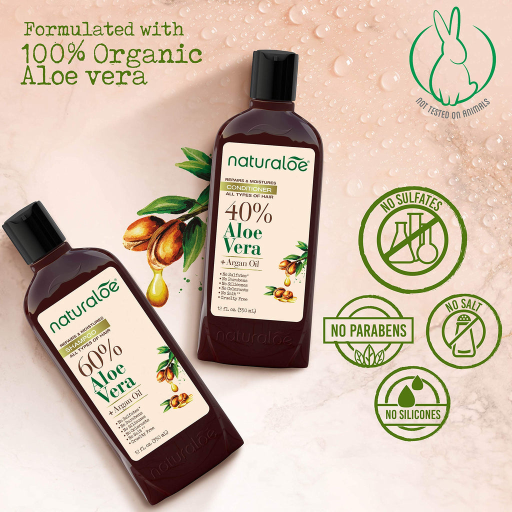 Naturaloe Repairs & Moistures Shampoo + Conditioner – 100% Vegan, Aloe Vera & Argan Oil, 24 fl oz