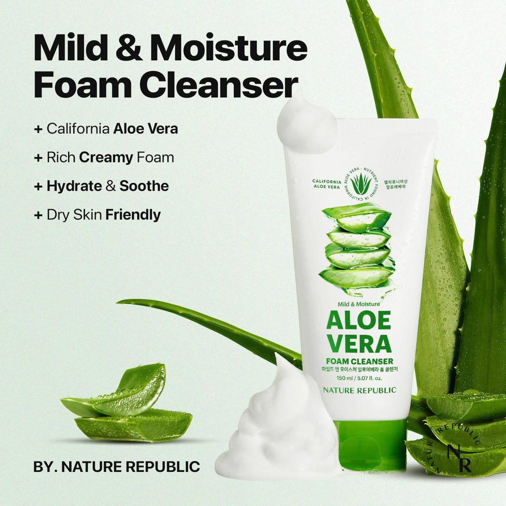 Nature Republic Mild and Moisture Aloe Vera Foam Cleanser - Hydrating Aloe Face Wash 150ml