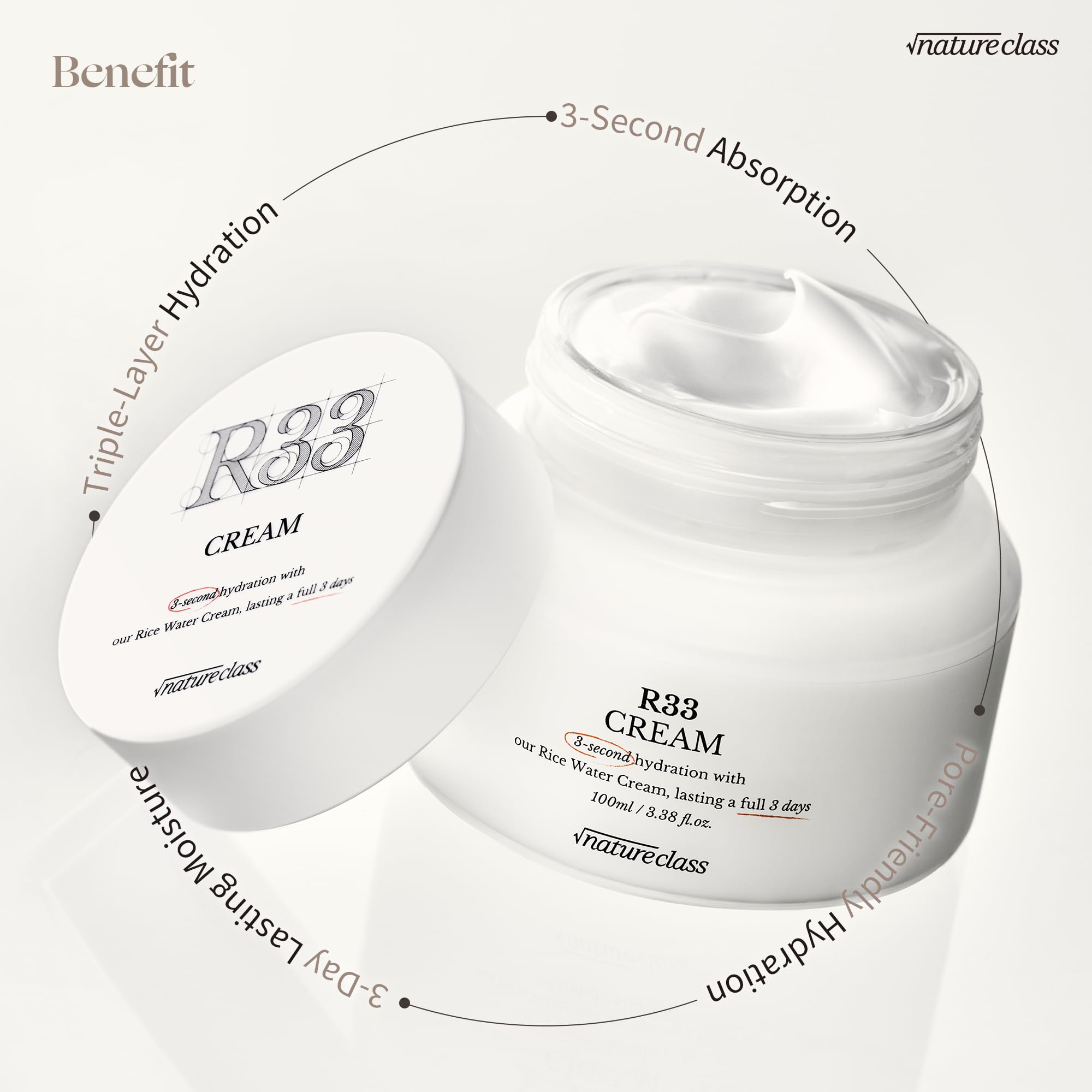 NATURECLASS R33 Hydrating Face Moisturizer – Fragrance Free, Hyaluronic Acid, Squalane, Rice Extract, 3.38 oz