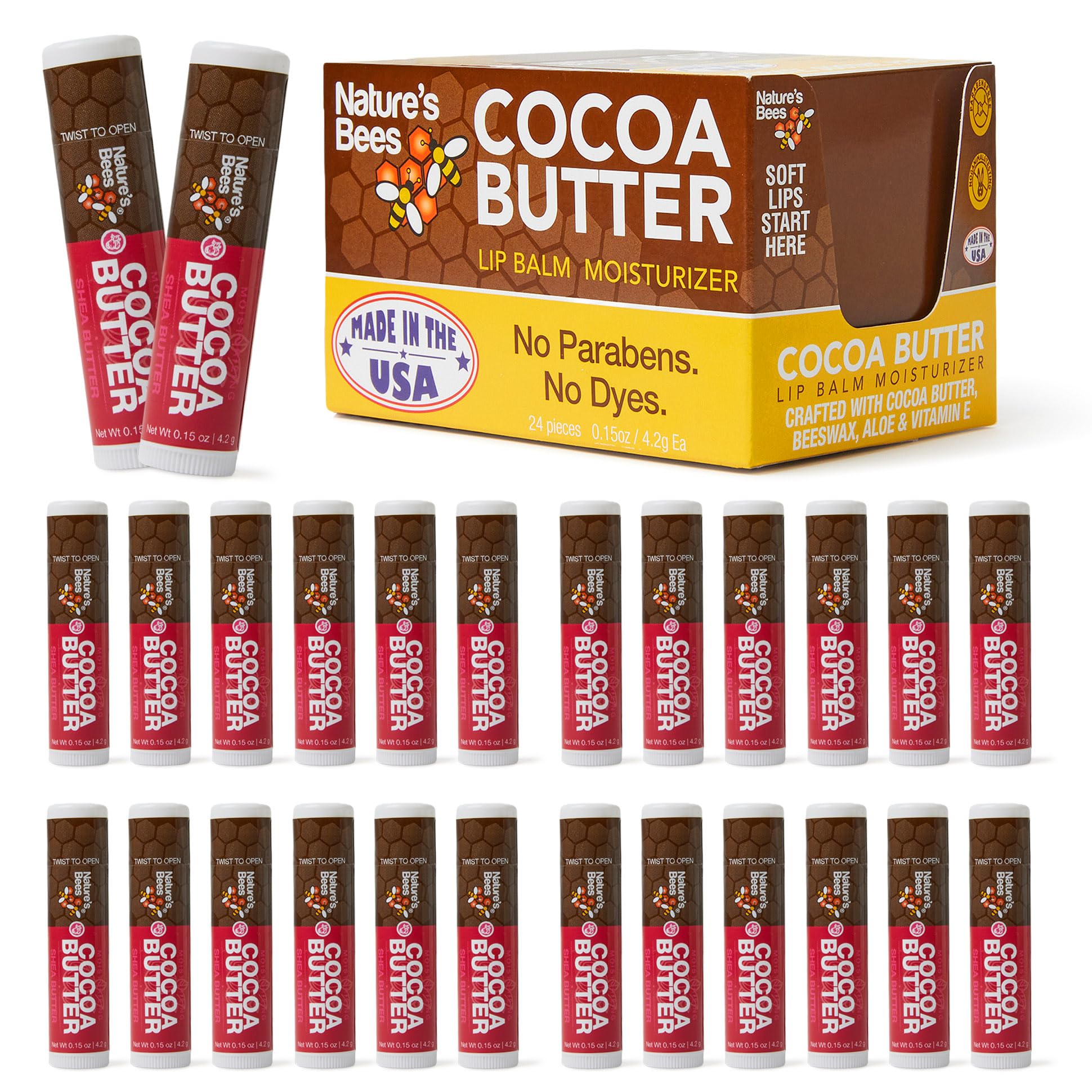 Nature’s Bees Cocoa Butter Lip Balm – Shea Butter Flavor, 24-Pack | Hydrating Lip Care, USA Made, Packaging May Vary