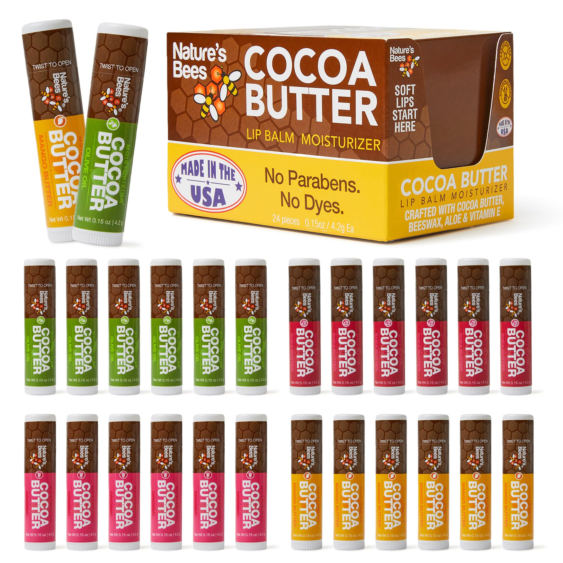 Nature’s Bees Cocoa Butter Lip Balm 24-Pack — 4 Original Flavors with Coconut Oil & Vitamin E