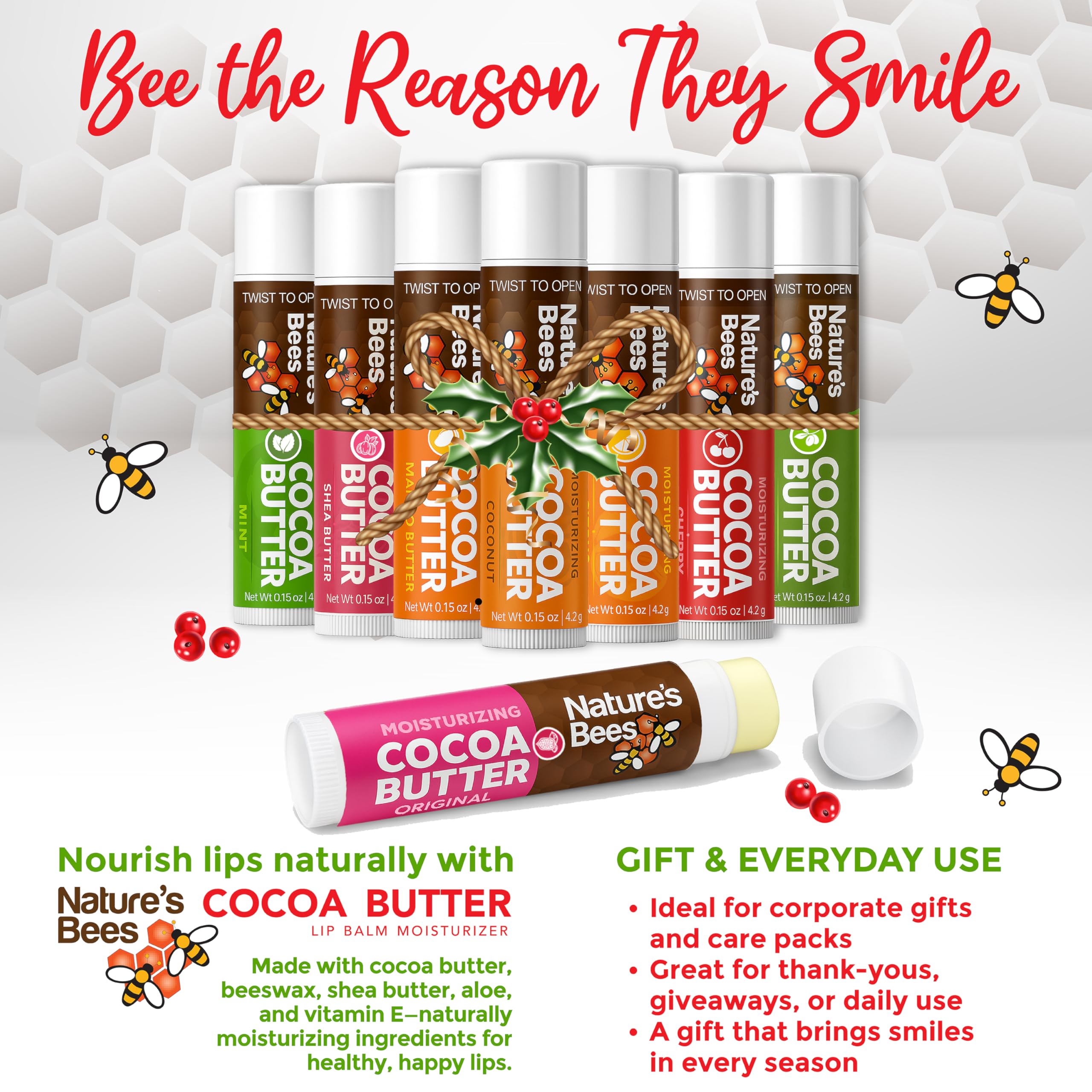 Nature's Bees Cocoa Butter Lip Balm Original 96-Pack Bulk – 4 Original Flavors, 8-Flavor Variety