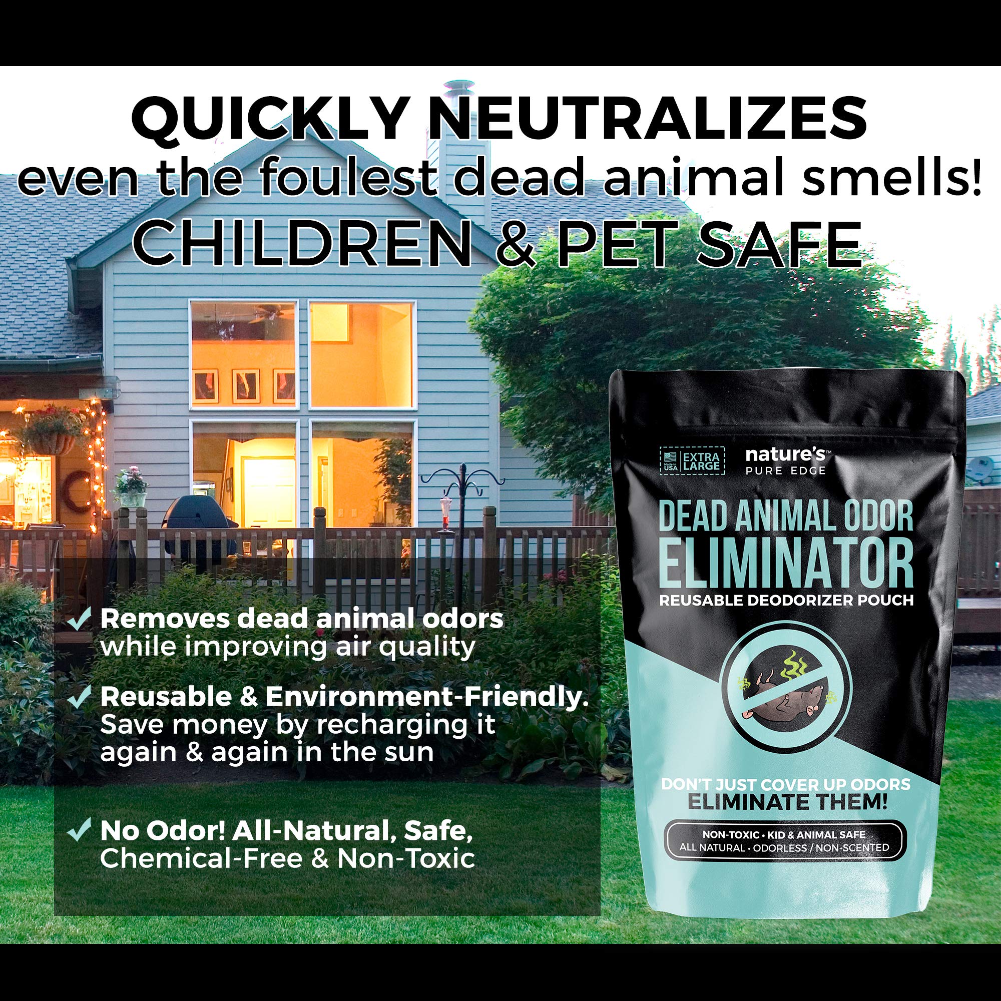 Nature's Pure Edge Dead Animal Smell Eliminator Pouch – Fragrance-Free Charcoal Odor Absorber (XL, 375 sq ft)