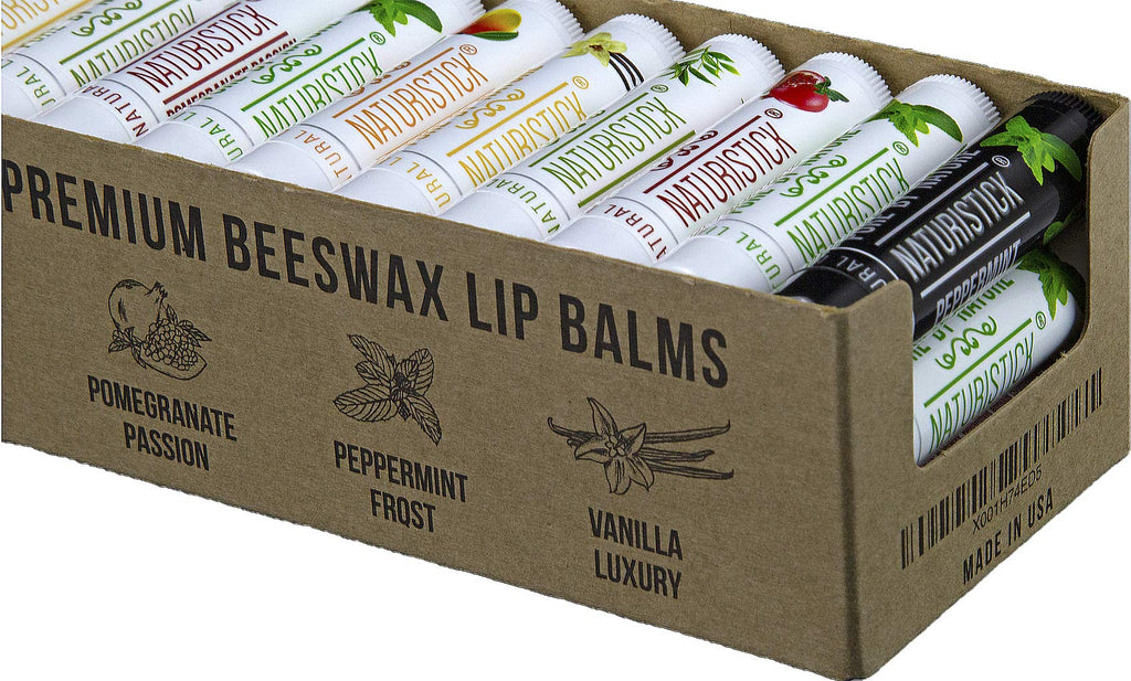 Naturistick 36-Pack Premium Beeswax Lip Balm – 5 Flavors, All-Natural, USA Made