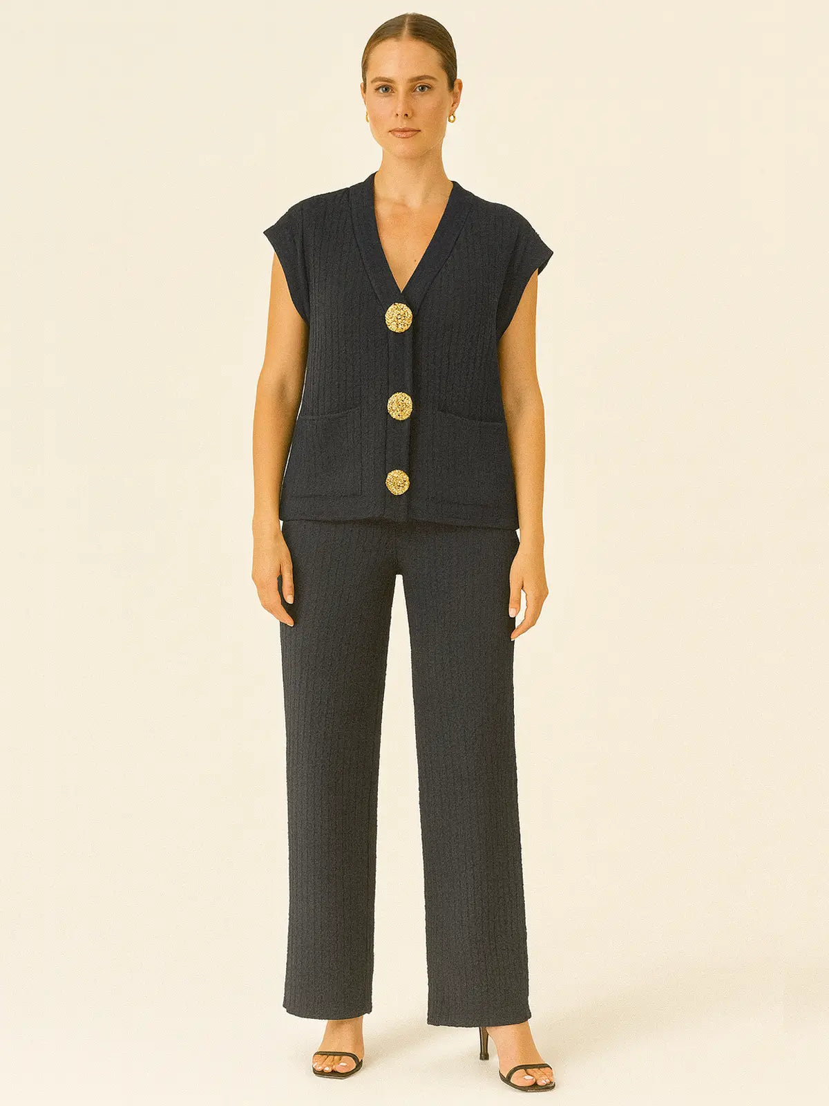 3-Gold Button Short Sleeve Set