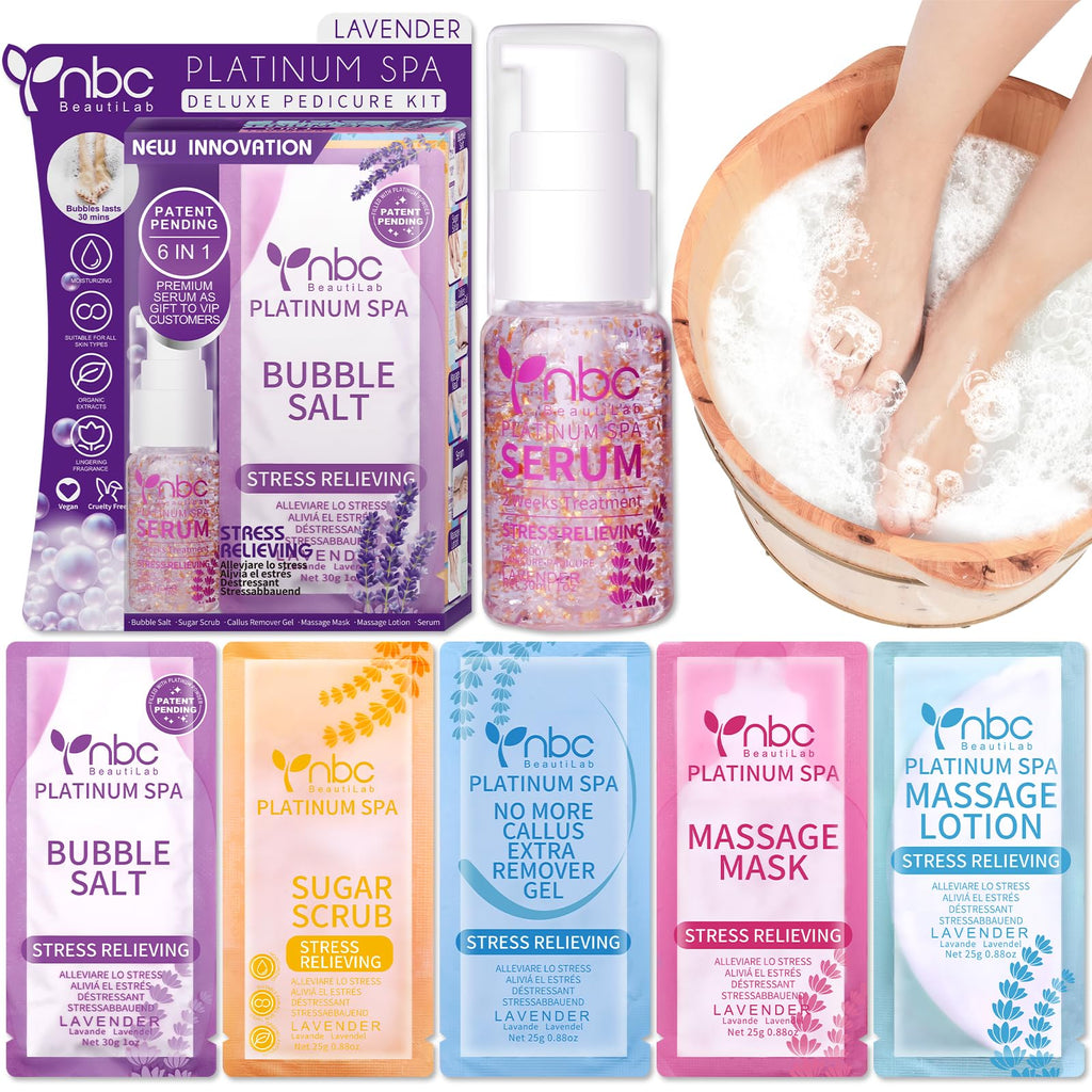NBC BeautiLab Pedicure Kit Foot Spa Set – Lavender 6-Piece Foot Care: Bubble Salt, Sugar Scrub, Massage Mask & Lotion