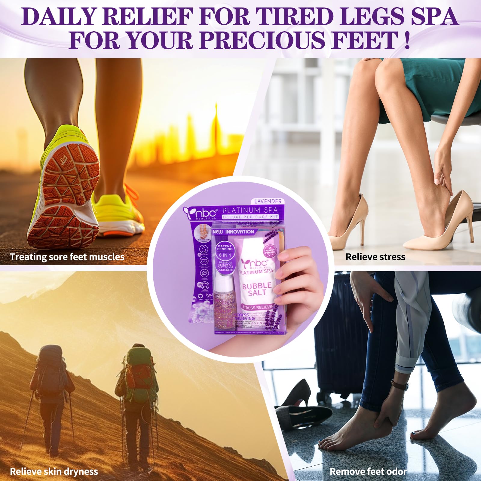 NBC BeautiLab Pedicure Kit Foot Spa Set – Lavender 6-Piece Foot Care: Bubble Salt, Sugar Scrub, Massage Mask & Lotion