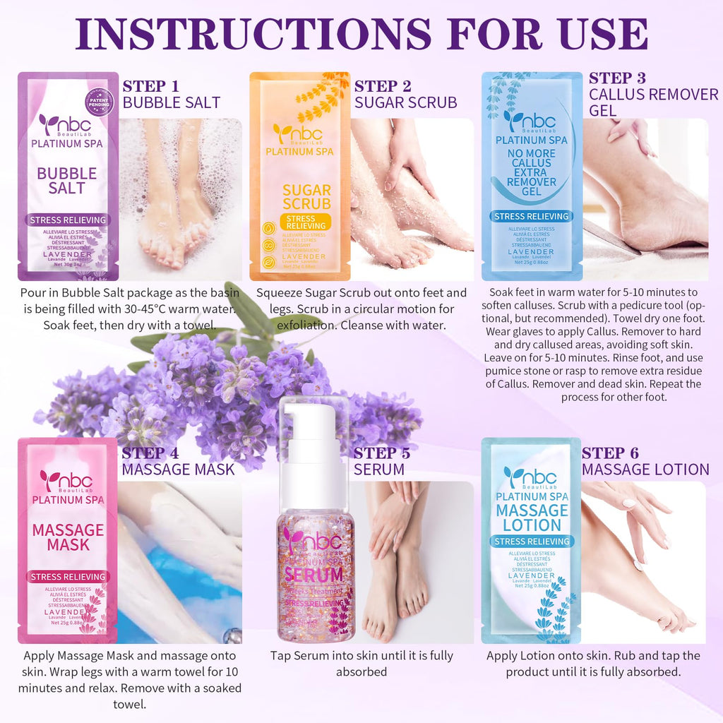 NBC BeautiLab Pedicure Kit Foot Spa Set – Lavender 6-Piece Foot Care: Bubble Salt, Sugar Scrub, Massage Mask & Lotion