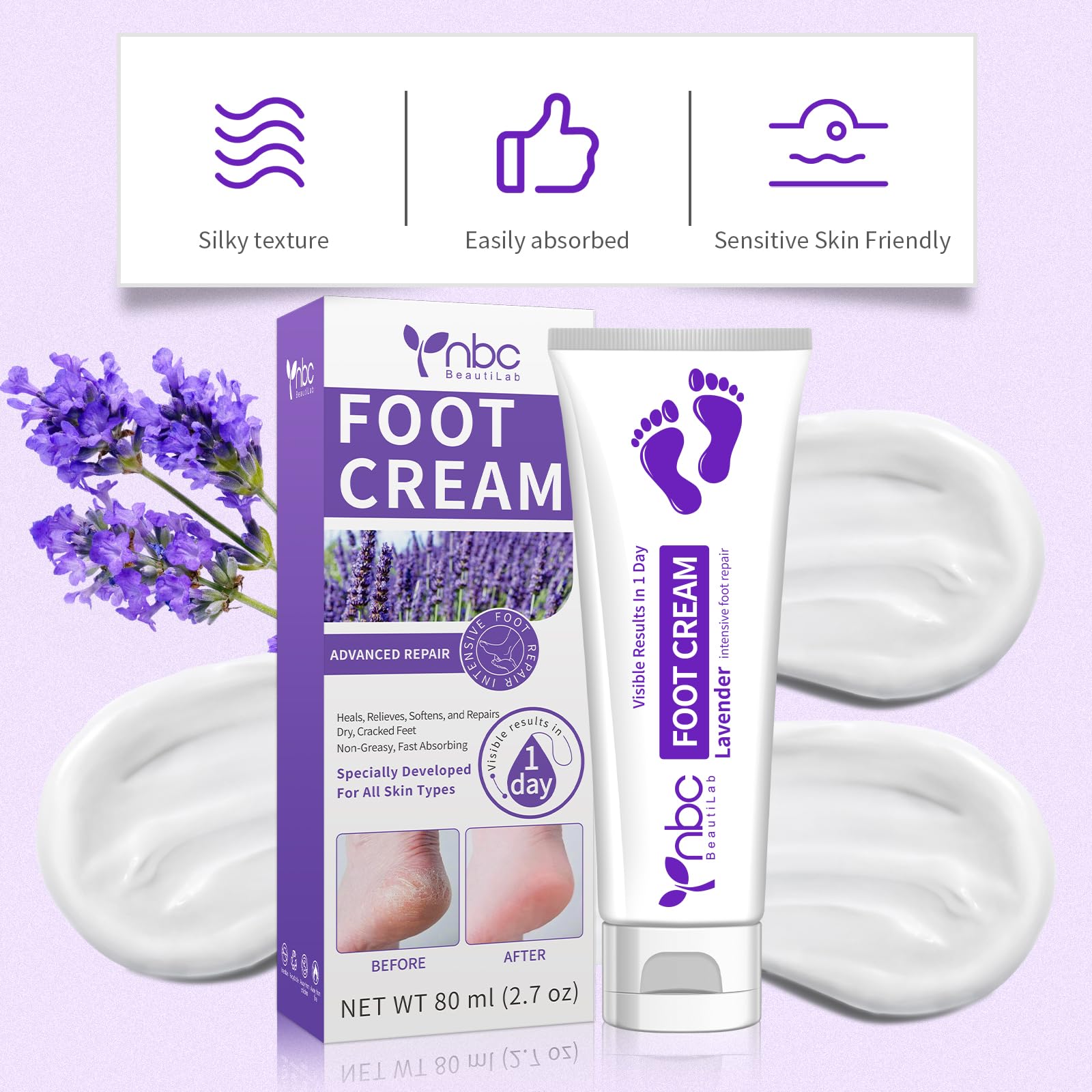 NBC BeautiLab Foot Callus Remover & Hand & Foot Cream – 80ml Lavender, Deep Hydration for Dry Skin