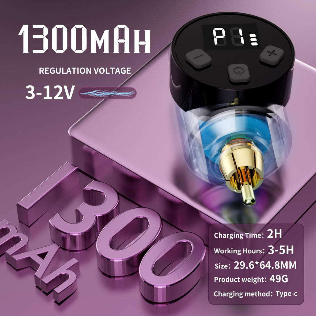 NBTA2 Tattoo Kit: Wireless Gun with 2 Batteries & Complete Set for Beginners (Purple)