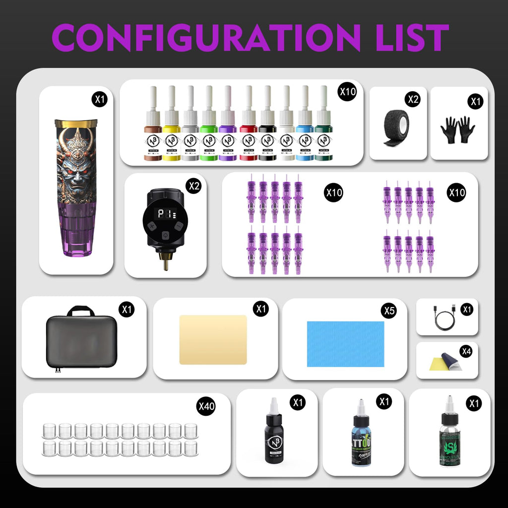 NBTA2 Tattoo Kit: Wireless Gun with 2 Batteries & Complete Set for Beginners (Purple)