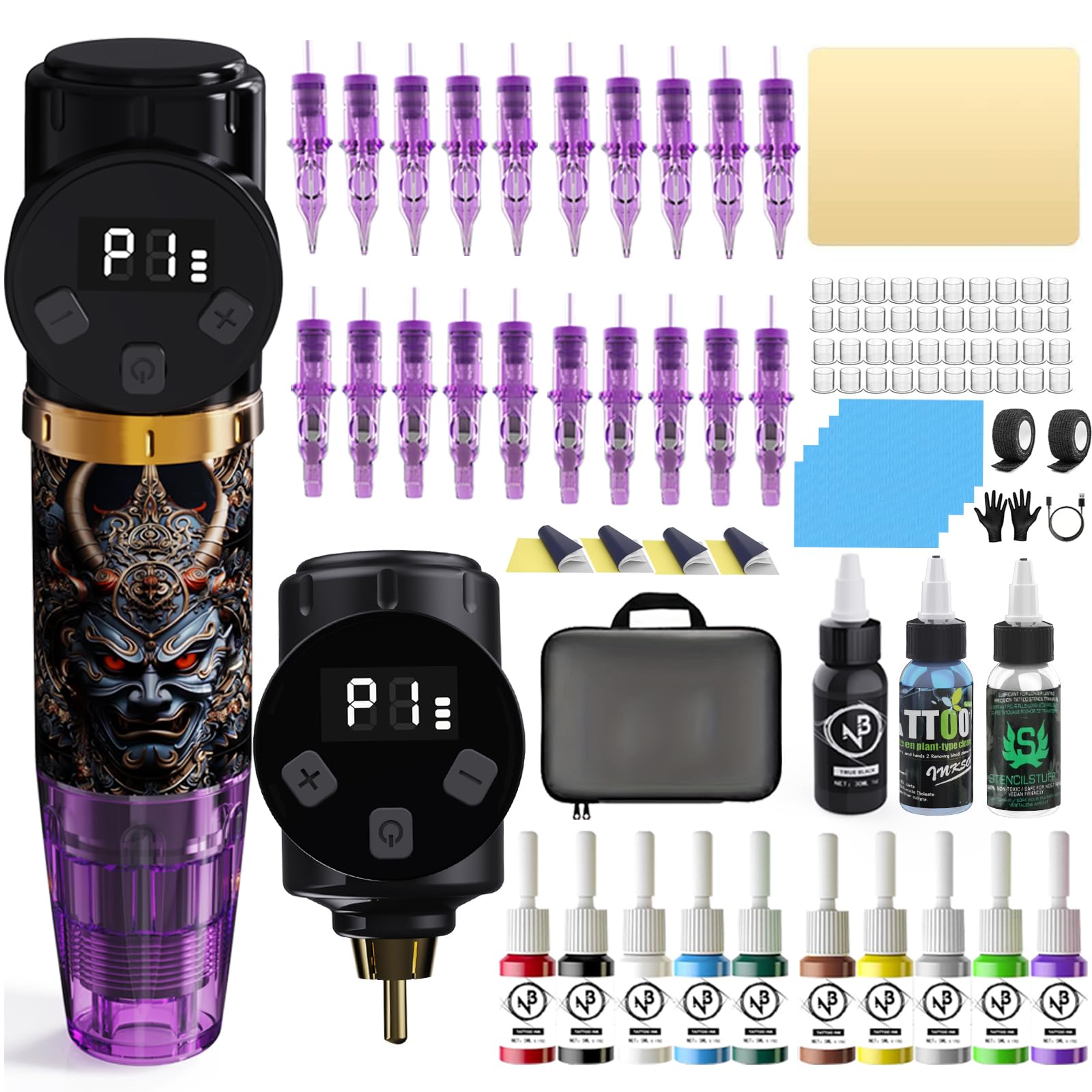 NBTA2 Tattoo Kit: Wireless Gun with 2 Batteries & Complete Set for Beginners (Purple)