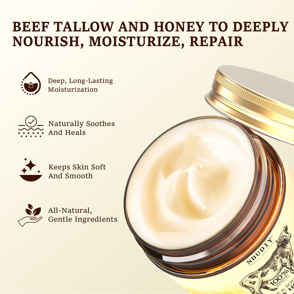 NBUDIY Beef Tallow Face Moisturizer | Fragrance-Free, Grass-Fed Tallow & Honey Balm, 4.23 oz
