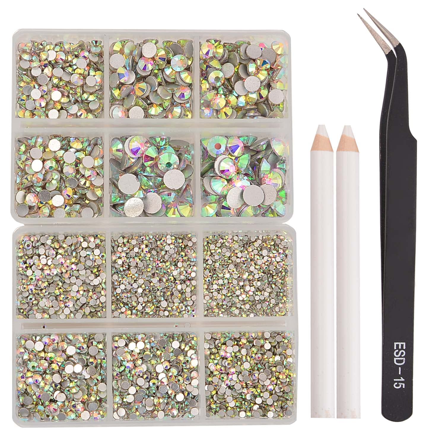 NCB 8000pcs Non-Hotfix Rhinestones – Glass Crystal Flatback, 10 Sizes SS3-SS30 + Tweezers & Picking Pen