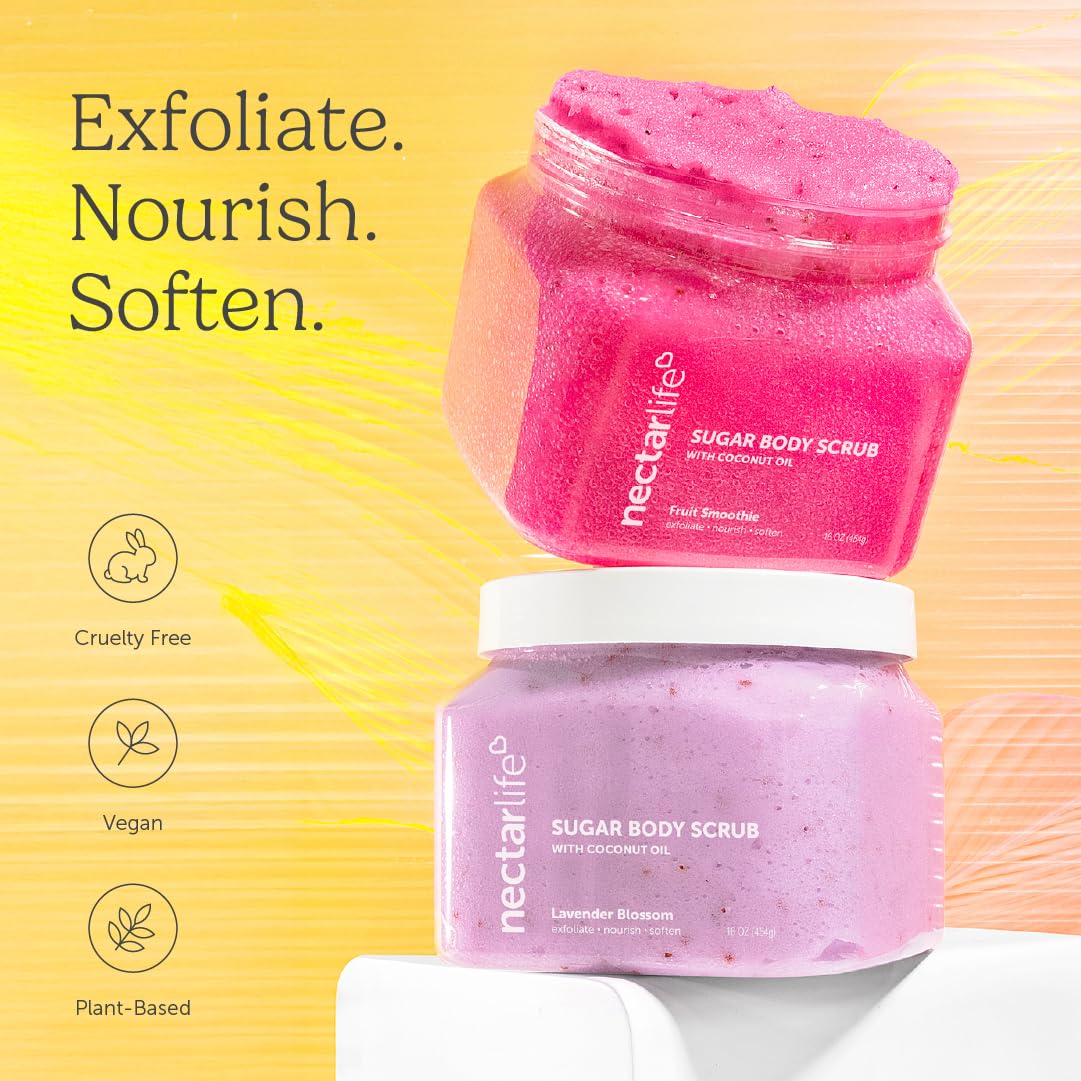 Nectar Life Exfoliating Sugar Scrub – Moisturizing Body Scrub with Coconut Oil & Shea Butter (16 oz) | Nectar Bath Treats