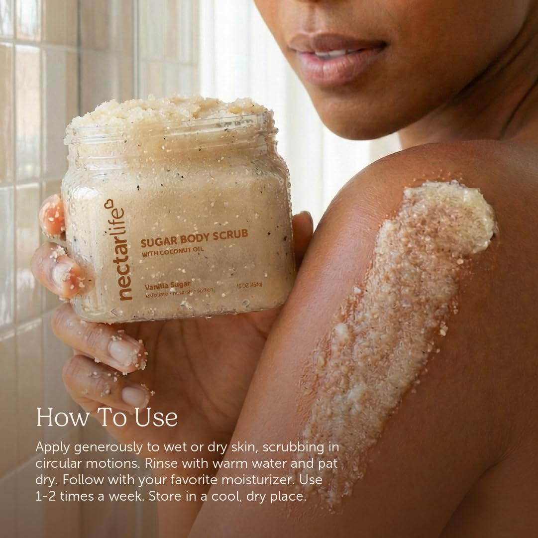 Nectar Life Exfoliating Sugar Scrub – Moisturizing Body Scrub with Coconut Oil & Shea Butter (16 oz) | Nectar Bath Treats