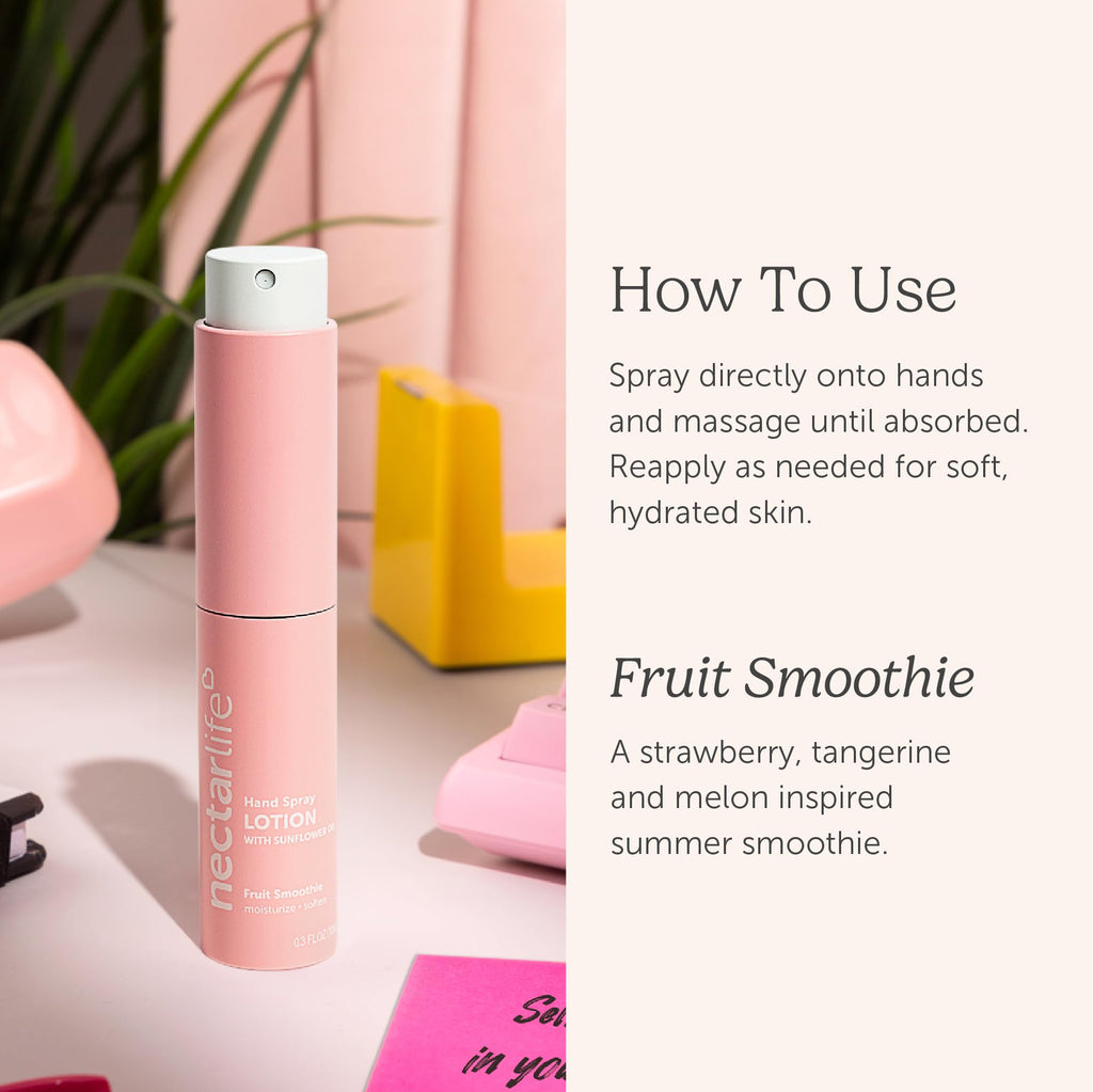 Nectar Life Hydrating Hand Spray Lotion – 10ml Travel Size, Fruit Smoothie Scent, Lightweight & Quick-Absorbing