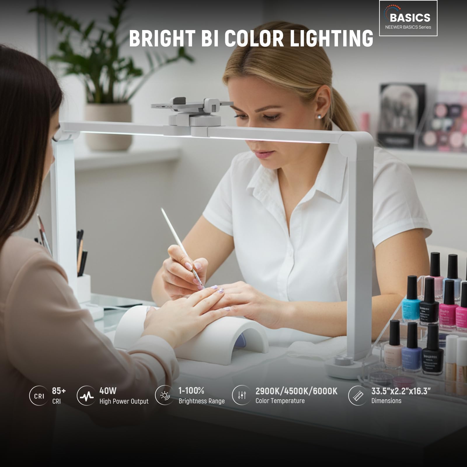 NEEWER Basics 33.5-inch Nail Light – 40W Foldable Desk LED Lamp with Phone Holder, 3 Color Modes, CRI85+