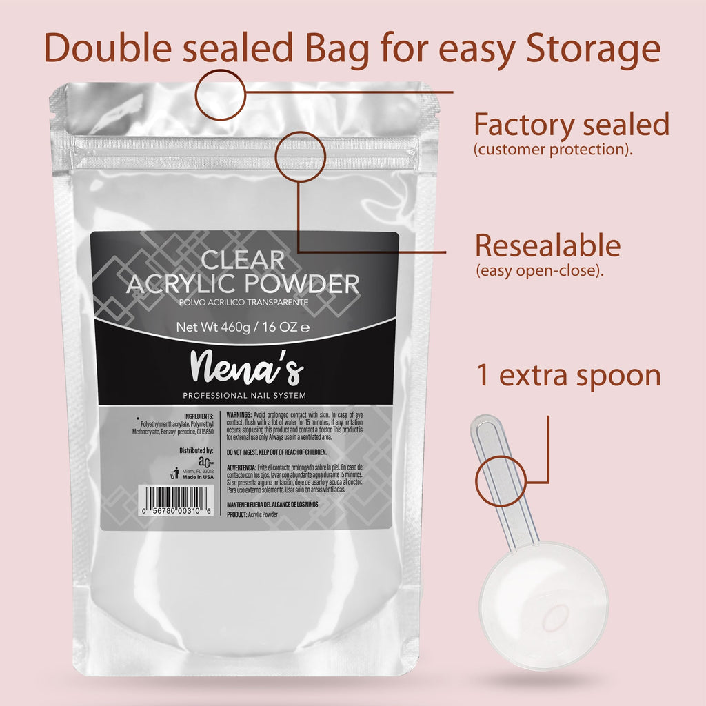 Nena's Superior Sculpting Powder – Clear, Blush Pink & Medium Pink Acrylic Nail System (16 oz / 460 g)