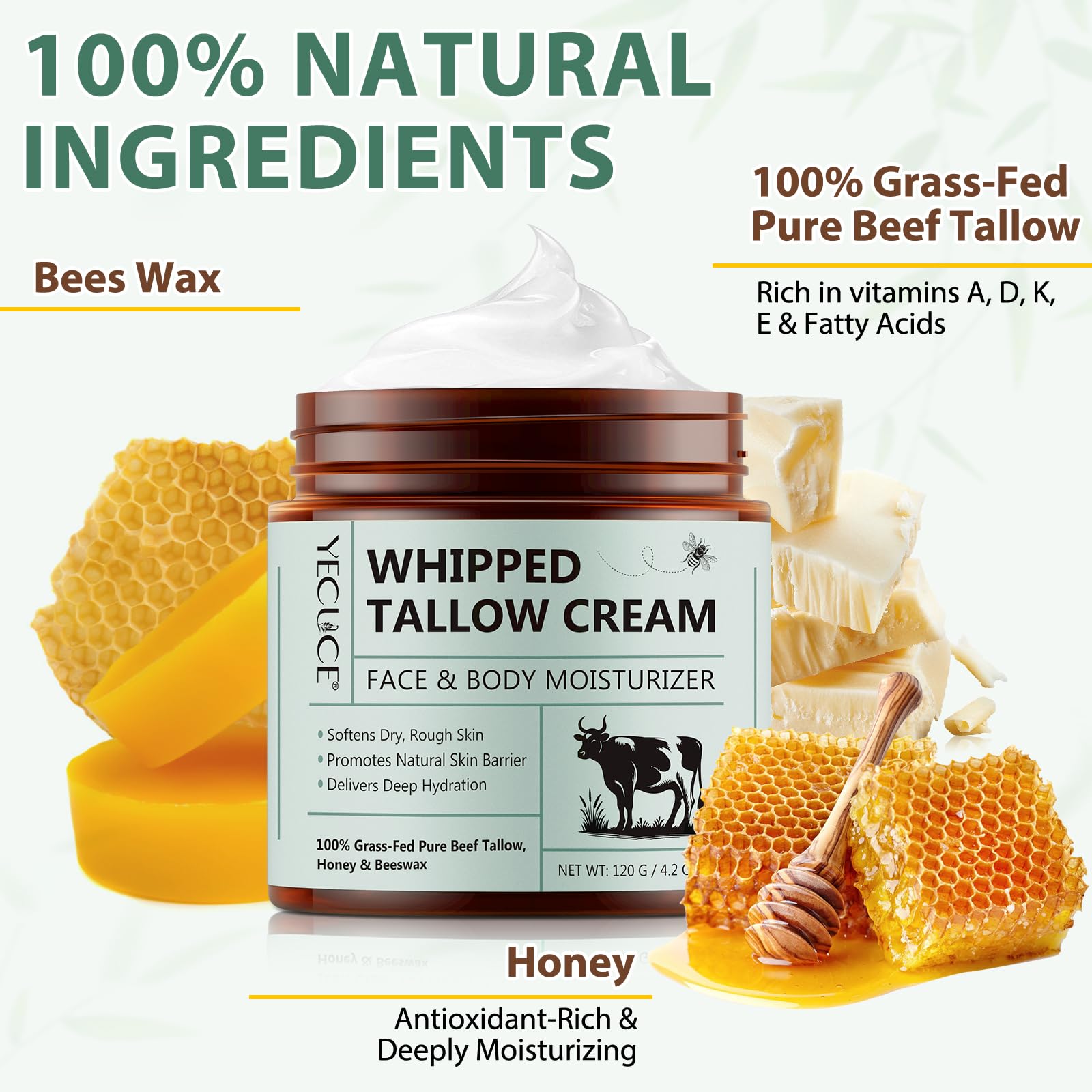 NenMaoKeNu Beef Tallow Balm with Honey & Beeswax – Organic Whipped Moisturizer for Face & Body (4.2 oz)