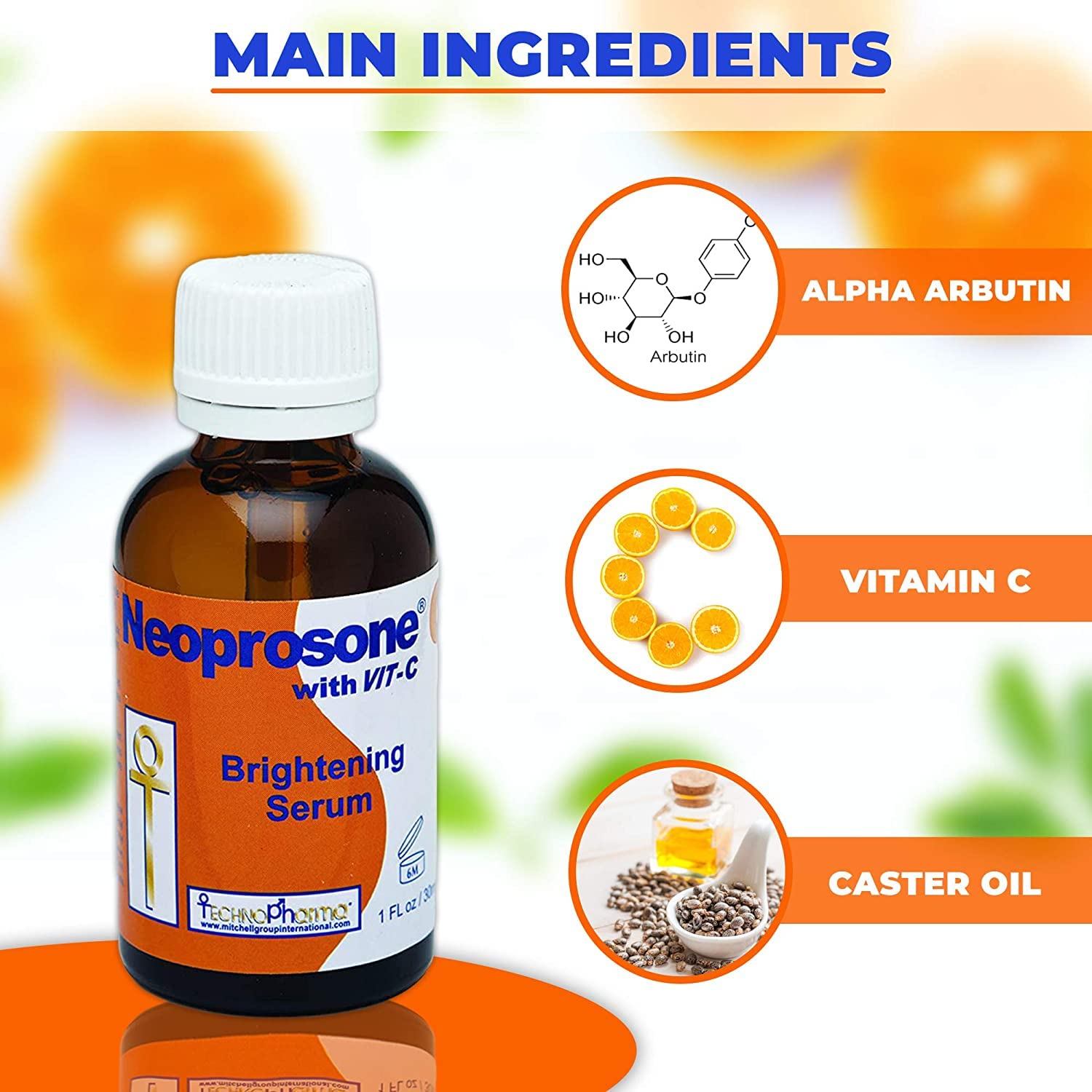 Neoprosone Vitamin C Serum for Face | 1 oz / 30 ml – Brightening Serum with Alpha Arbutin & Castor Oil